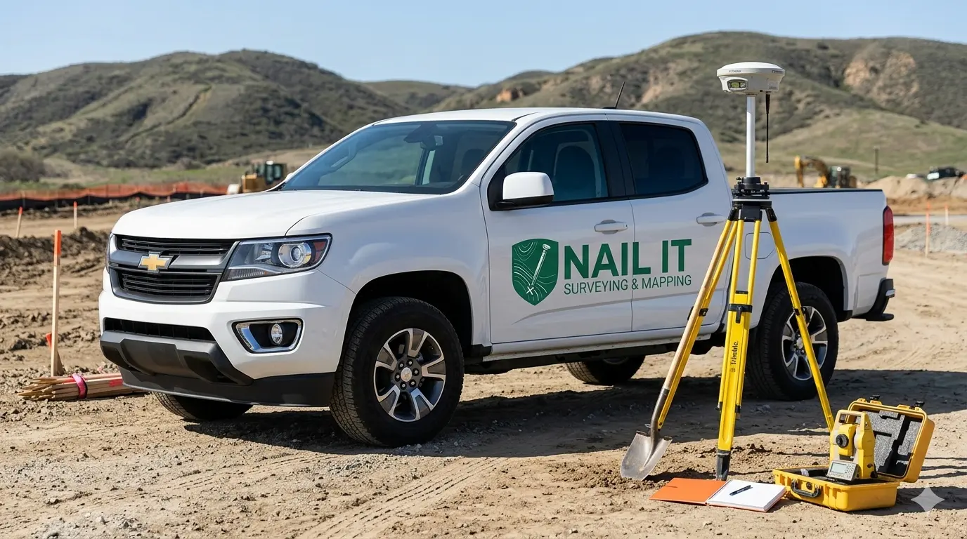 Nail It surveying truck and field equipment on site